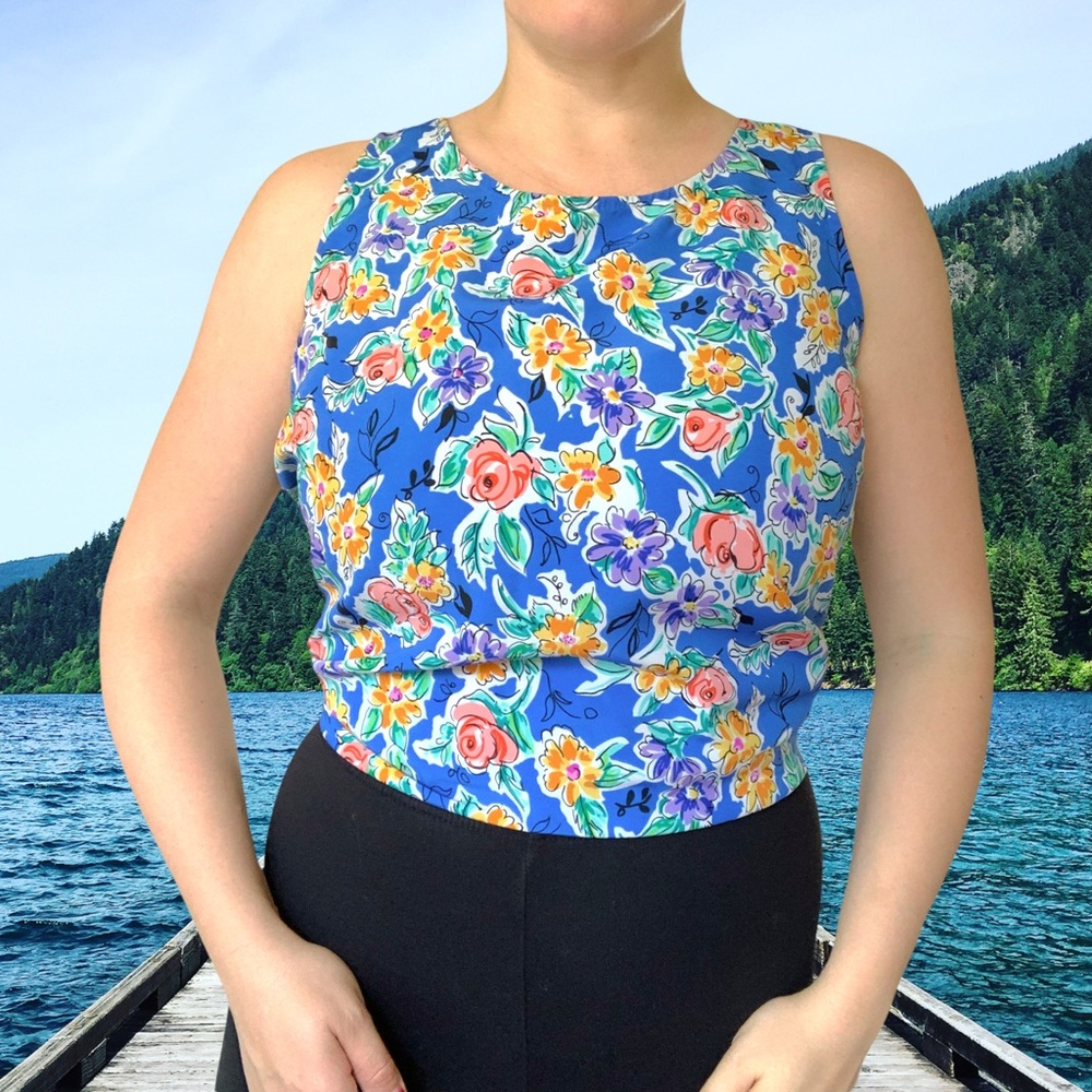 Vintage 1990s Christie & Jill Blue Floral Sleeveless Blouse